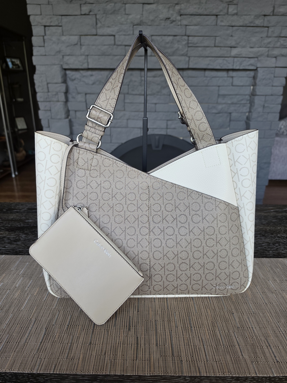 Calvin Klein Two-Tone Beige & Cream Monogram Tote with Pouch